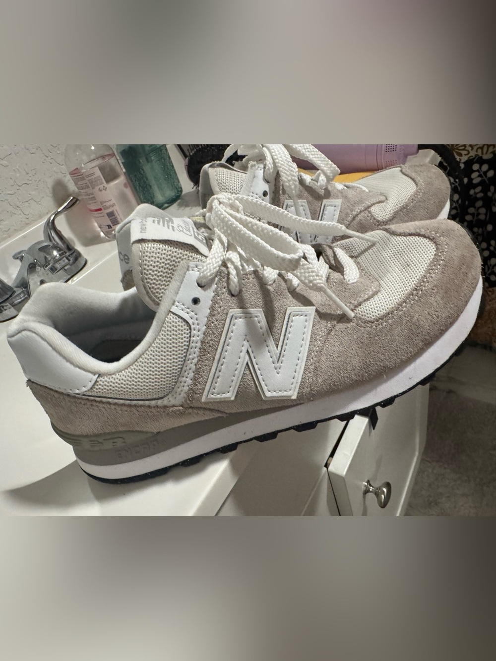 New Balance Women’s Beige and White Suede Mesh Sneakers
